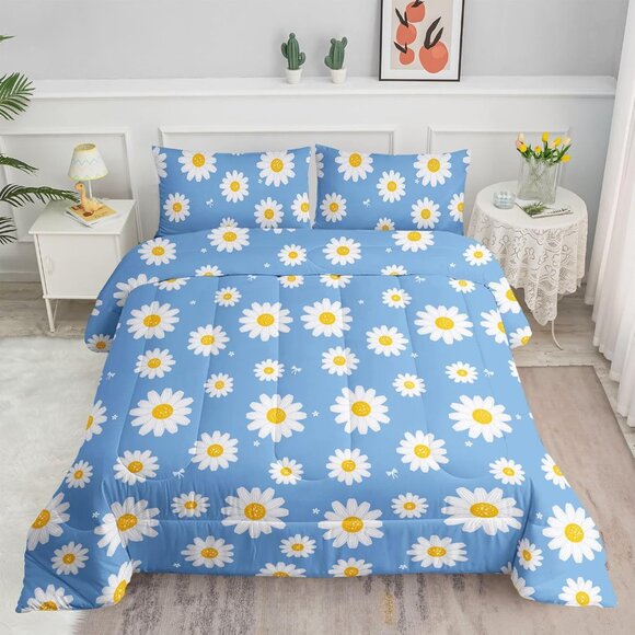 Flower Comforter Set Blue Daisy Floral Printed Pattern Quilt Bedding with 1 and - Picture 1 of 7